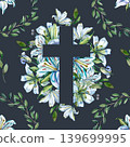 Seamless watercolor pattern with religious christian crosses, delicate white lilies, and green olive leaf wreaths. Hand drawn spiritual botanical illustration for Easter and church ceremony decor. 139699995