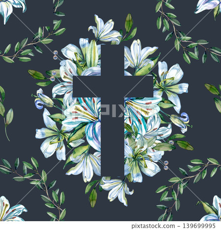 Seamless watercolor pattern with religious christian crosses, delicate white lilies, and green olive leaf wreaths. Hand drawn spiritual botanical illustration for Easter and church ceremony decor. Seamless watercolor pattern with religious christian crosses, delicate white lilies, and green olive leaf wreaths. Hand drawn spiritual botanical illustration for Easter and church ceremony decor. 139699995