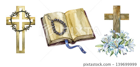 Hand drawn watercolor illustrations set of Christian symbols for Easter or Lent. Includes a gold cross with a crown of thorns, an open old book with a rosary, and a wooden cross with white lilies. 139699999