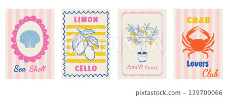 Amalfi coast inspired card set with lemon tree sea shell and orange crab 139700066