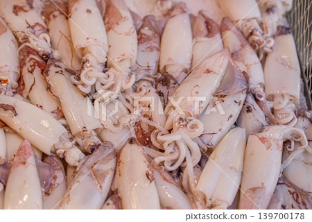 Fresh Squid on Crushed Ice Displayed at Traditional Seafood Market Stall Fresh Squid on Crushed Ice Displayed at Traditional Seafood Market Stall 139700178