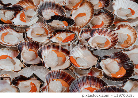Fresh Scallops in Shells Creating Natural Seafood marine Texture on Market Stall Fresh Scallops in Shells Creating Natural Seafood marine Texture on Market Stall 139700183