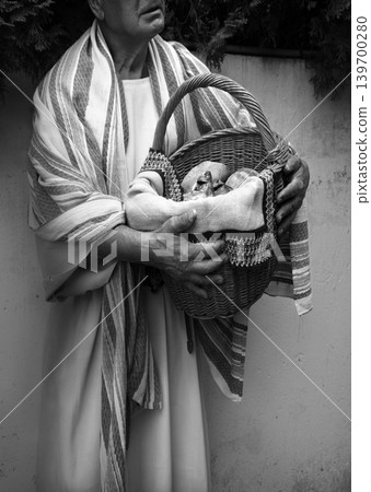 Old man with ancient basket Old man with ancient basket 139700280