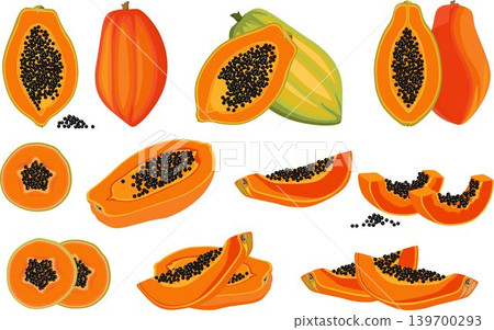 exotic papaya slices and whole fruits flat graphic set exotic papaya slices and whole fruits flat graphic set 139700293
