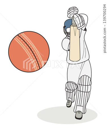 Cricket Batsman Hitting Red Ball. Character of Professional Cricketer in White Uniform, Helmet and Protective Leg Pads. Flat Vector Illustration. Isolated Sporting Graphic of Batting Action Shot. 139700294