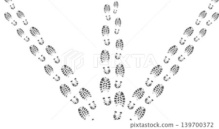 Human shoe footprints diverging into three different paths on a transparent background, concept of choosing a direction and life path Human shoe footprints diverging into three different paths on a transparent background, concept of choosing a direction and life path 139700372