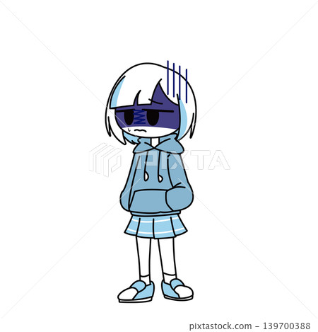 一幅簡潔的全身插圖，描繪了一個表情憂鬱的女孩。 139700388