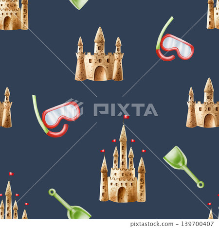 Sand castle and red flag. Watercolor hand drawn kids play in the sandbox illustration isolated on background. For designers, postcards, greetings, birthday, calendar, wallpapers, wrapping paper 139700407