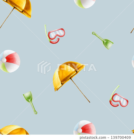 Seamless pattern with umbrella, beach ball, snorkel mask with tube for breathing, green plastic children's shovels. Watercolor hand drawn set of kids toy for the sandbox illustration isolated on 139700409