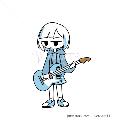 一幅簡單的全身插圖，描繪了一個瞇著眼睛的女孩正在彈吉他。 139700411