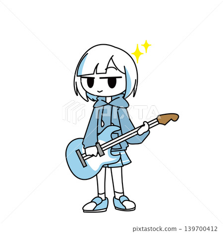 一幅風格簡潔的全身插畫，描繪了一個面帶得意表情的女孩彈吉他。 139700412