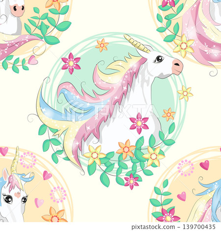 seamless pattern with cute unicorns, clouds,rainbow and stars. Magic background with little unicorns. seamless pattern with cute unicorns, clouds,rainbow and stars. Magic background with little unicorns. 139700435