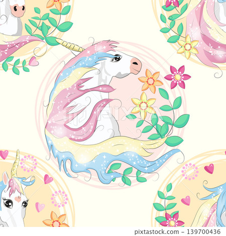 seamless pattern with cute unicorns, clouds,rainbow and stars. Magic background with little unicorns. 139700436