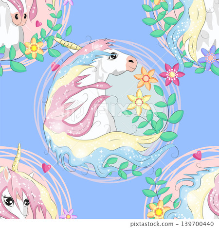 seamless pattern with cute unicorns, clouds,rainbow and stars. Magic background with little unicorns. seamless pattern with cute unicorns, clouds,rainbow and stars. Magic background with little unicorns. 139700440