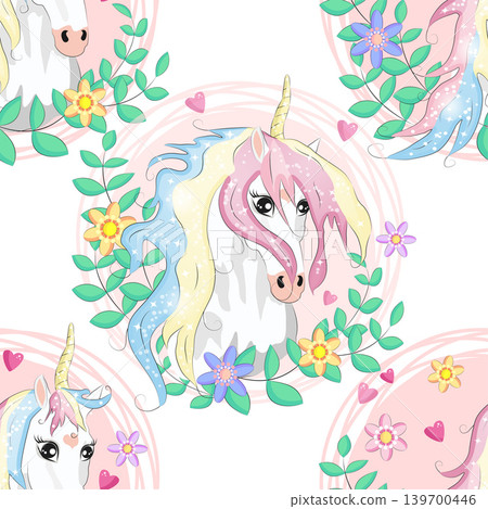 seamless pattern with cute unicorns, clouds,rainbow and stars. Magic background with little unicorns. seamless pattern with cute unicorns, clouds,rainbow and stars. Magic background with little unicorns. 139700446