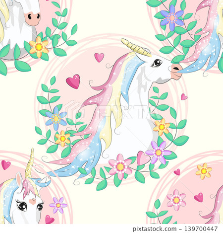 seamless pattern with cute unicorns, clouds,rainbow and stars. Magic background with little unicorns. seamless pattern with cute unicorns, clouds,rainbow and stars. Magic background with little unicorns. 139700447