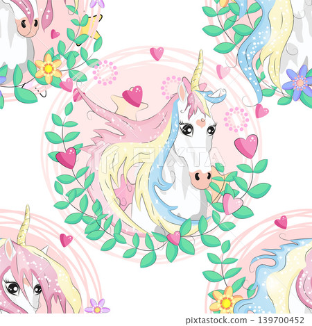 seamless pattern with cute unicorns, clouds,rainbow and stars. Magic background with little unicorns. 139700452