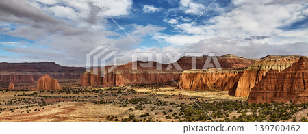 Panoramic view of the Cathedral Valley in Capitol Reef National Park in Utah, USA Panoramic view of the Cathedral Valley in Capitol Reef National Park in Utah, USA 139700462