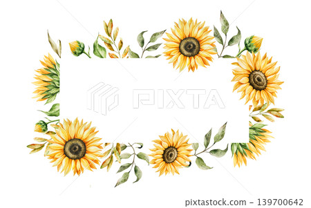 Watercolor frame, template with sunflowers in warm autumn tones. Botanical hand drawn illustration isolated on background. Ideal for seasonal, halloween, forest, logo, nature-themed designs. Rustic Watercolor frame, template with sunflowers in warm autumn tones. Botanical hand drawn illustration isolated on background. Ideal for seasonal, halloween, forest, logo, nature-themed designs. Rustic 139700642