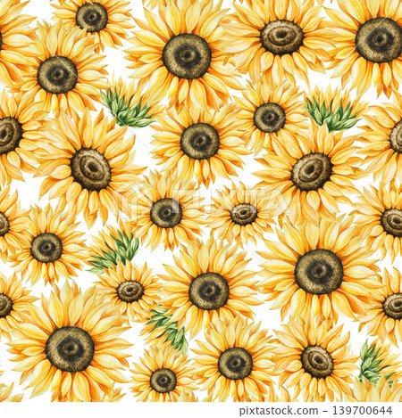 Watercolor seamless pattern with bright yellow sunflowers in warm autumn tones. Botanical hand drawn illustration isolated on background. Ideal for seasonal, halloween, forest, or nature-themed Watercolor seamless pattern with bright yellow sunflowers in warm autumn tones. Botanical hand drawn illustration isolated on background. Ideal for seasonal, halloween, forest, or nature-themed 139700644