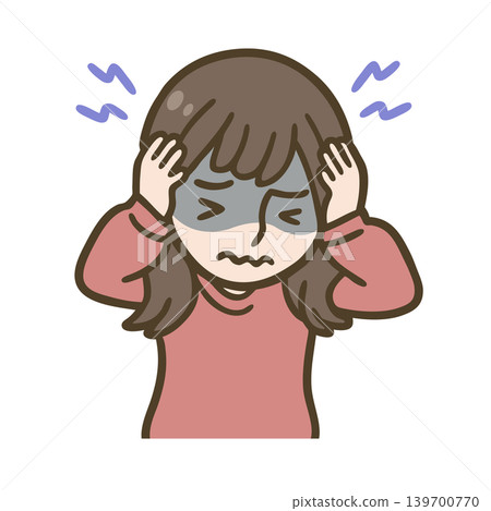 A woman clutching her head in pain from a headache | Illustration of headache, stress, and poor health 139700770