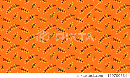 Bright vector seamless pattern with branches of flowers and different spring and summer elements for creating printable designs. Cute template with plants in vintage cartoon style on orange background 139700884