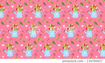 Bright vector seamless pattern with a watering can with tulips of different colors and hearts and different spring and summer elements for creating printable designs. Cute template with plants. Bright vector seamless pattern with a watering can with tulips of different colors and hearts and different spring and summer elements for creating printable designs. Cute template with plants. 139700927