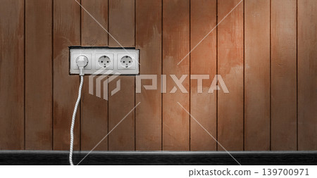Connect power energy plug cable outlet brown wooden wall surface European design Connect power energy plug cable outlet brown wooden wall surface European design 139700971