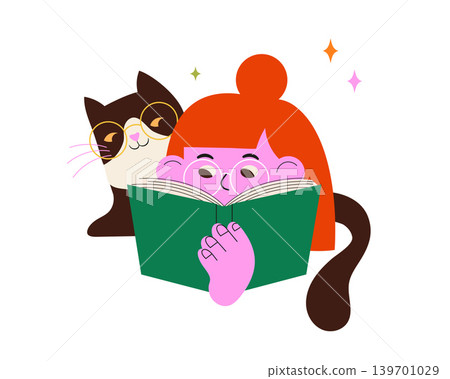 Young girl and cat reading book colorful flat vector illustration. Doodles series for book fair 139701029