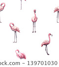 Seamless banner with pink flamingos. Seamless border of watercolor illustration of pink tropical birds. Pattern of flamingo. Birds in the jungle. Template for invitation, card, cosmetic 139701030