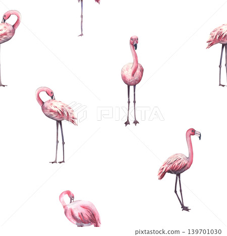Seamless banner with pink flamingos. Seamless border of watercolor illustration of pink tropical birds. Pattern of flamingo. Birds in the jungle. Template for invitation, card, cosmetic 139701030