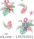 Seamless pattern with Parrot in palm leaves. Pink cockatoo on a branch. Bird in the jungle. Watercolor illustration of tropical parrot in palm leaves. Ornament for wallpaper, wrapping paper, textile 139701031