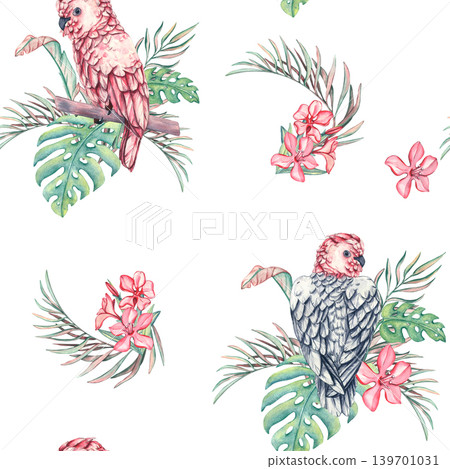 Seamless pattern with Parrot in palm leaves. Pink cockatoo on a branch. Bird in the jungle. Watercolor illustration of tropical parrot in palm leaves. Ornament for wallpaper, wrapping paper, textile Seamless pattern with Parrot in palm leaves. Pink cockatoo on a branch. Bird in the jungle. Watercolor illustration of tropical parrot in palm leaves. Ornament for wallpaper, wrapping paper, textile 139701031