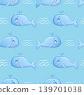 Seamless pattern with a cute cartoon blue whale spewing water on a blue background. Vector illustration for the design of postcards, posters, banners, printing, textiles 139701038