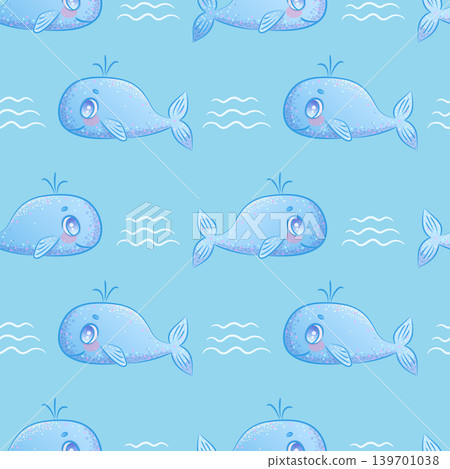 Seamless pattern with a cute cartoon blue whale spewing water on a blue background. Vector illustration for the design of postcards, posters, banners, printing, textiles 139701038