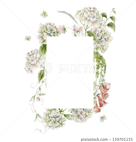 Watercolor rectangle floral frame with white hydrangea foxglove sweet pea and greenery for wedding invitation. 139701155