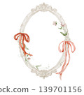 Watercolor elegant oval baroque frame with red pink bows and sweet pea wildflowers isolated on white. 139701156