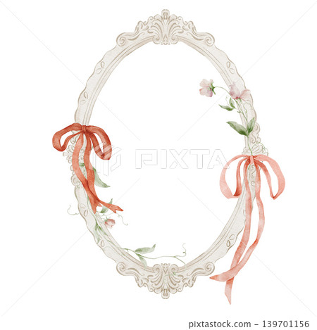 Watercolor elegant oval baroque frame with red pink bows and sweet pea wildflowers isolated on white. Watercolor elegant oval baroque frame with red pink bows and sweet pea wildflowers isolated on white. 139701156