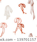 Watercolor seamless pattern with pink terracotta and white lace bows ribbons on white background. 139701157