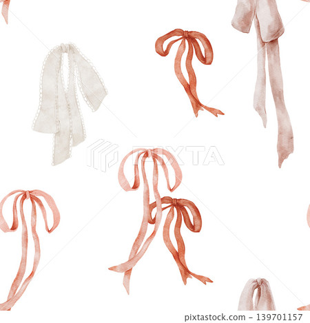 Watercolor seamless pattern with pink terracotta and white lace bows ribbons on white background. 139701157