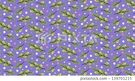Bright vector seamless pattern with branches of green plants, bushes and trees and dots and different spring and summer elements for creating printable designs. Cute vintage template with plants. Bright vector seamless pattern with branches of green plants, bushes and trees and dots and different spring and summer elements for creating printable designs. Cute vintage template with plants. 139701215