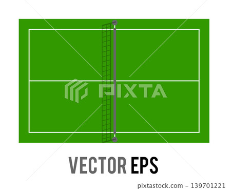 Green tennis court with white lines and net, viewed from above 139701221