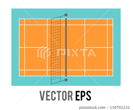 Top down view of a clean, modern badminton court with orange surface and turquoise background Top down view of a clean, modern badminton court with orange surface and turquoise background 139701232