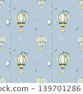 Seamless pattern with hot air balloons and balloon. Childish wallpaper with Hot air Balloon and vertical stripes. Watercolor illustration of floating balloons for kids goods, wallpaper, wrapping paper 139701286