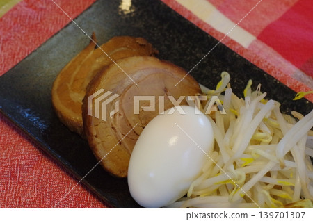 Tender char siu pork, boiled egg, and bean sprouts Tender char siu pork, boiled egg, and bean sprouts 139701307