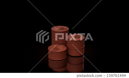Rusty Oil Barrels In Dark Storage 3d render. 139701494