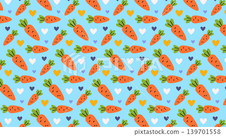 Bright vector seamless pattern with carrots and hearts of different colours for creating printable designs. Autumn seasonal decor. Cute template with plants in vintage cartoon style on blue background Bright vector seamless pattern with carrots and hearts of different colours for creating printable designs. Autumn seasonal decor. Cute template with plants in vintage cartoon style on blue background 139701558