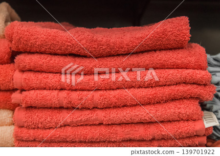 Red clean towels soft hygiene home object bathroom cloth background Red clean towels soft hygiene home object bathroom cloth background 139701922