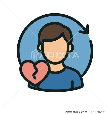 Flat Design Icon of a Person with a Broken Heart Symbol and Circular Arrows Representing Relationship Issues Flat Design Icon of a Person with a Broken Heart Symbol and Circular Arrows Representing Relationship Issues 139702988