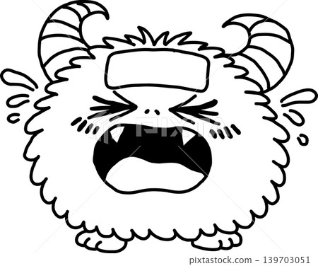 A black and white illustration of a cute character crying loudly. 139703051